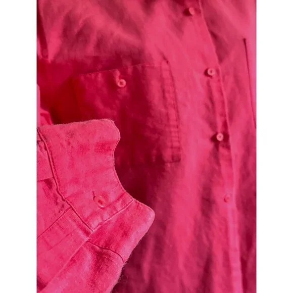 Vintage Pink Button-Up Linen Blend Shirt with Collared Neck & Chest Pockets - Picture 3 of 11